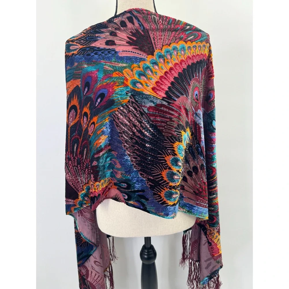 Women Peacock Colorful Vibrant Silk Blend Velvet Burnout Scarf Wrap Shawl Fringe